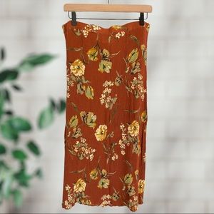 Vintage 90s California Krush Orange Floral Fitted Crinkle Midi Skirt Size L/XL